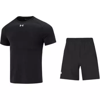 Under Armour Solid Color Printed Pattern Top And Elastic Shorts Casual Sports Set Men sets Black 23500505-001+22500214-001 M