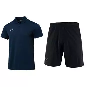 Under Armour Solid Color Pullover Short Sleeve Polo Shirt Comfortable Loose Fit Mid Waist Shorts Casual Sports Set Men sets 23500507-408+22500214-001 XL