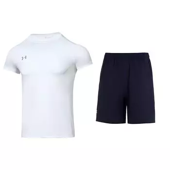 Under Armour Solid Color Small Logo Raglan Short Sleeve Elastic Waist Mid Rise Shorts Casual Sports Set Men sets 23500506-100+24500201-409 S