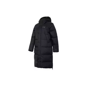 Under Armour Solid Logo Sports Casual Long Hooded Down Jacket Women Upperwear Black 1375454-001 XL