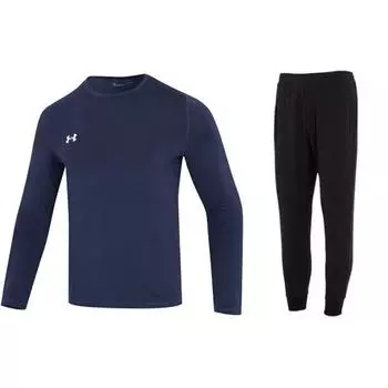 Under Armour Solid Slim Fit Crew Neck Long Sleeve T Shirt And Mid Rise Long Pants Casual Sports Set Men Sets Blue Black 22600307-408+23600704-001 M