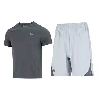 Under Armour Spliced Logo Round Neck Short Sleeve T-Shirt Fitness Training Comfortable Breathable Shorts Casual Sports Suit 1369743-012+1362289-011 XL
