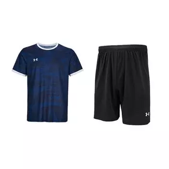 Under Armour Striped Logo Breathable Crew Neck Short Sleeve Relaxed Solid Color Five-Point Pants Casual Sports Suit 25500516-409+25500218-001 XL