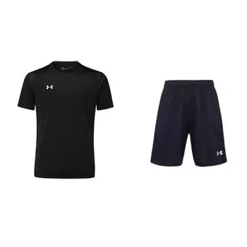 Under Armour Свободный крой, пуловер с круглым вырезом, футболка с коротким рукавом, тренировочные шорты, повседневный спортивный комплект, мужские комплекты, черный 21500201-001+21500525-001 XXXL