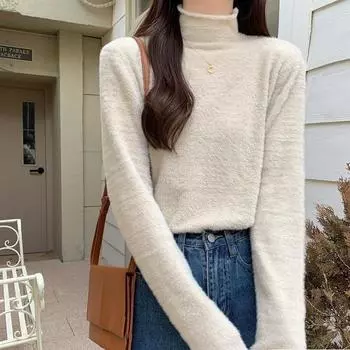 Undercoat Pink Faux Mink Fur Soft and Sticky Knitted Sweater for Women Mid High Neck Lazy Style Sweater for Autumn Winter S чёрный