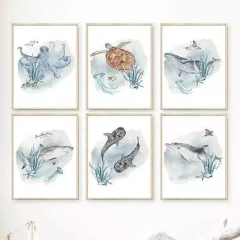Underwater Sea Creatures Nursery Wall Art Whale Shark Octopus Turtle Canvas Prints for Baby Kids Room Decor Posters Pictures 21cm30cm NoFrame
