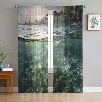 Подводные волны Водные поверхности Дома Небо Прозрачные шторы Спальня Гостиная Вуаль Оконные шторы Тюль Шторы для детской комнаты 135W x 114H(cm)
