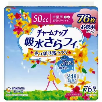 Unicharm Charm Nap впитывающие воду салфетки Sarafi средней плотности с пудровым ароматом 50 куб. см x 6 при легком недержании [футляр] (76 листов)