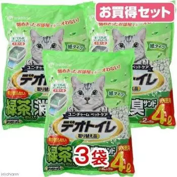 Unicharm Deo Toilet Splattering Green Sand 4L 3 пакета Кошачий туалет Бумажный сжигаемый чай/дезодорирующий