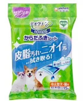 Unicharm [Продается комплектом] Салфетки для тела Deoclean для средних и крупных собак и кошек, с мягким мыльным ароматом, 15 листов x 2