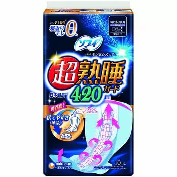 Unicharm Sophie Super Deep Sleep Guard специально для тяжелых с 10 гигиеническими оптом 420, ночи, крылья, салфетки, (х18)