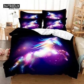 Unicorn Bedding Set, Starry Unicorn Duvet Cover Set, 3D Bedding, Digital Printing, Queen Size, Fashion Design EU single(135x200cm)