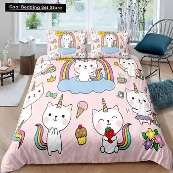 Unicorn Cat King Queen Duvet Cover Pink Kawaii Cartoon Kitty Bedding Set for Kids Girls Magical Animal 2/3pcs Soft Quilt Cover EU single(135x200cm)