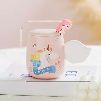 Unicorn Cup Ceramic Cup Cute Cartoon Cup High looking Drinking Cup Mug Breakfast Cup with Lid Spoon 300ml