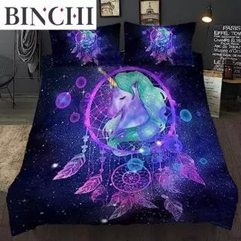 Пододеяльник с единорогом для девочек Пододеяльник с единорогом Синий Галакси Перо Ловец снов Мультяшный единорог Пододеяльник для девочек EU single(135x200cm)