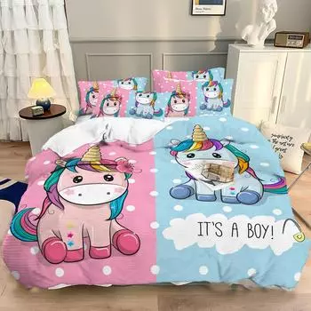 Unicorn Pink And Blue Cotton Duvet Cover Bed 150 Comforter Sets King Size Bedding Set Couple Bed Quilt Covers 220x240 Double EU single(135x200cm)