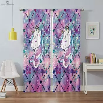 Unicorn Pink Print Window Curtains, Girly Room Decoration, Curtain Rod Pocket, Home Decor, Can Be Customized, 2Pcs W50xH130(CM)x2PCS&Rod pocket