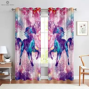 Unicorn Rainbow Print Curtains for Children, Bedroom, Living Room, Kitchen, Home Decoration, Can Be Customized W50xH130(CM)x2PCS&Rod pocket