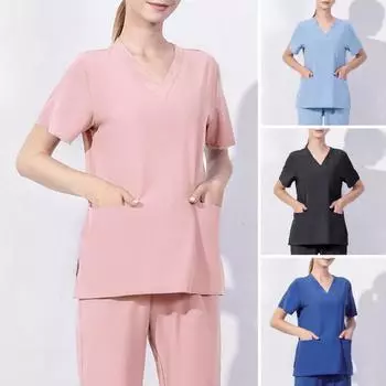 Униформа для операционной с V-образным вырезом и короткими рукавами, топы с карманами, больничные рабочие топы с боковым разрезом, топы для медсестры, стоматологической хирургии, спецодежда XL розовый