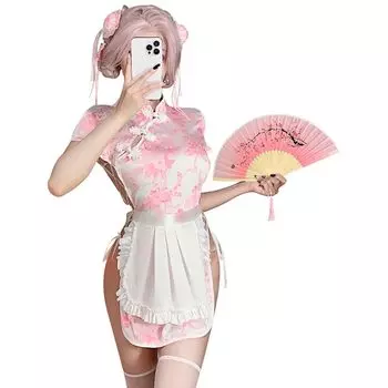 Униформа горничной ципао китайское платье костюм сексуальный косплей розовая мини-юбка косплей Хэллоуин цельный короткий рукав разрез экстремальное обнажение эротическое искушение
