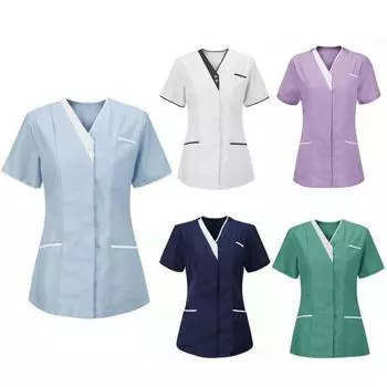 Униформа медсестры, скрабы, топы, женские топы с v-образным вырезом и короткими рукавами, карманы, комбинезон, лоскутная цветная рабочая одежда для кормления, рабочая одежда 2XL белый