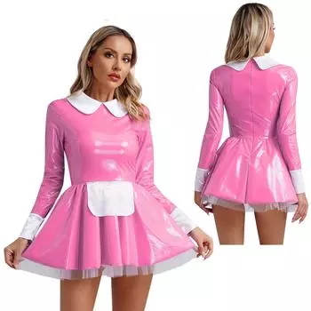 Униформа непослушной служанки, карнавальный костюм горничной, тематическое вечерние расклешенное платье, кружевной фартук с оборками, латексная юбка трапециевидной формы, Клубная одежда S красный