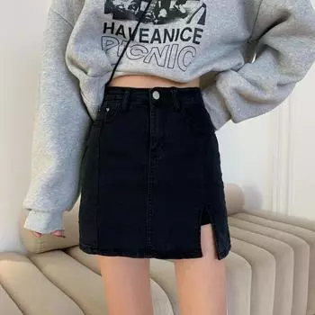 Уникальная классическая универсальная молодежная юбка с разрезом, узкая черная эластичная юбка с высокой талией и бретелькой через шею, короткая летняя джинсовая юбка A-word для женщин S синий