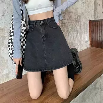 Уникальная классическая универсальная носибельная прочная однотонная А-силуэтная юбка-бюстье с высокой талией и бедрами, женская летняя модная джинсовая короткая юбка S черный серый