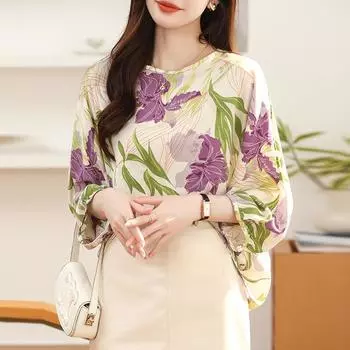 Уникальная красивая рубашка с рукавами-фонариками французского фиолетового цвета S