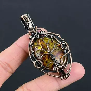 Уникальное Древо жизни, балтийский янтарь, драгоценный камень, кулон ручной работы из чистой медной проволоки, завернутый в ювелирное изделие 2.76 Inches жёлтый