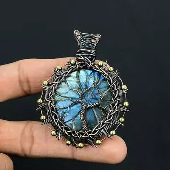 Уникальное Древо Жизни, резной лабрадорит, драгоценный камень, кулон ручной работы из чистой медной проволоки, обернутый ювелирными изделиями 2.36 Inches синий
