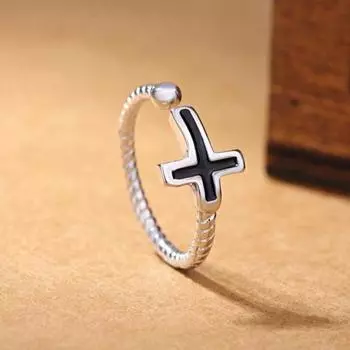Уникальное кольцо из черного винила в форме креста из стерлингового серебра 925 пробы с закрученной веревкой из тайского серебра, ювелирное изделие для мужчин и женщин S-R59 Resizable