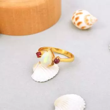 Уникальное кольцо из стерлингового серебра 925 пробы с турмалином и натуральным огненным опалом, размер 6, подарочное кольцо США 6 US