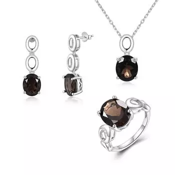 Уникальное модное серебряное кольцо, серьги, ожерелье, комплект для женщин, натуральный огромный дымчатый ноябрьский камень, идеальные украшения для влюбленных US RING SIZE:7# коричневый