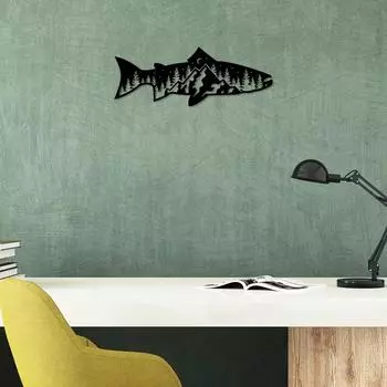 Уникальное настенное искусство из металла «Горный лес» — декор для дома в форме рыбы. Преобразите свою комнату с помощью этой декоративной наклейки. светло-серый