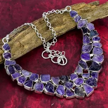 Уникальное ожерелье из грубого аметиста, ожерелье из чистого серебра 925 пробы с натуральным драгоценным камнем, ювелирные изделия ручной работы, подарок на день рождения и годовщину для нее Adjustable with 18 inches фиолетовый