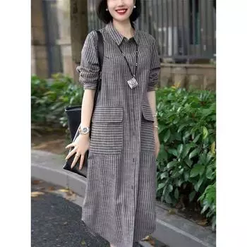 Уникальное полосатое платье-рубашка свободного кроя и шикарного стиля для женской осенней коллекции M