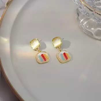 Уникальные квадратные серьги с радужными камнями, сладкий и свежий стиль разноцветный