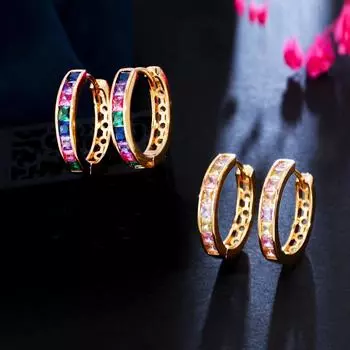 Уникальные многоцветные золотые серьги-кольца с кубическим цирконием CMM золотой