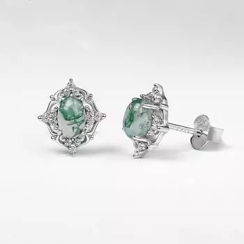 Уникальные овальные серьги-гвоздики из серебра 925 пробы для женщин, серьги из мохового агата мох зеленого