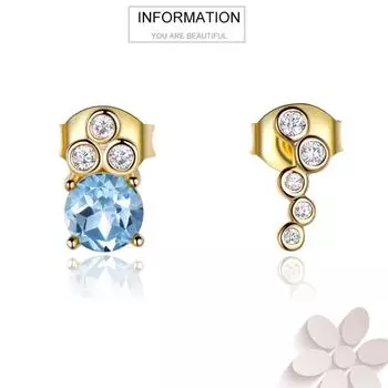 Уникальные серьги-гвоздики из серебра 925 пробы с покрытием из желтого золота и кубическим цирконием AAA небесно-голубого топаза белого цвета золотой