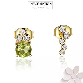 Уникальные серьги-гвоздики из стерлингового серебра 925 пробы с оливково-зеленым перидотом, белым круглым кубическим цирконием класса ААА и желтым золотом золотой