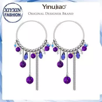 Уникальные серьги-кольца ручной работы из стерлингового серебра 925 пробы в стиле бохо с фиолетовым аметистом и комбинацией нескольких драгоценных камней A pair of earrings фиолетовый