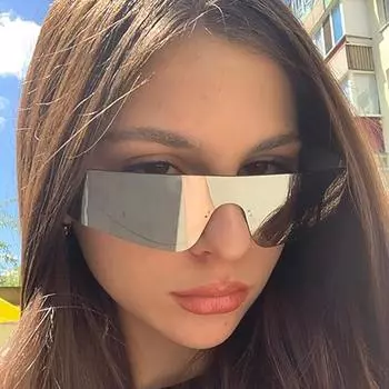 Уникальные солнцезащитные очки без оправы для женщин, цельные серебряные зеркальные солнцезащитные очки для женщин, хип-хоп, панк, очки для мужчин