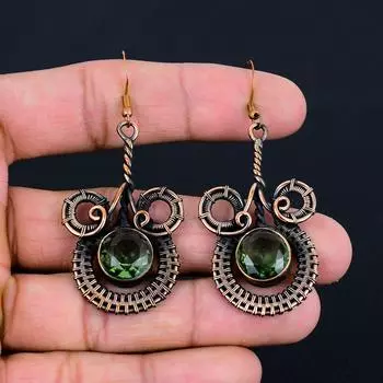 Уникальные ювелирные серьги ручной работы из чистой медной проволоки с зеленым аметистом и драгоценным камнем 2.56 Inches зелёный