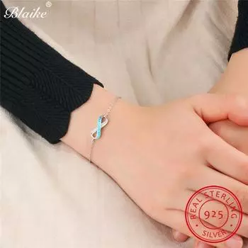 Уникальный браслет Blaike с синим огненным опалом, натуральная стерлингового серебра 925 пробы, буква 8, дизайн Love Infinity, браслеты с белым цирконом для женщин