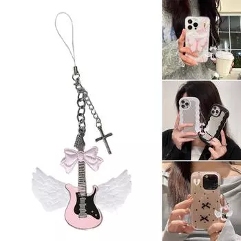 Уникальный брелок в виде крыла с бантом Красивый брелок в виде крыла с гитарой и подвеской в виде банта Стильный подарок для любителей музыки