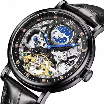 Уникальный дизайн, двойной часовой пояс, деловые мужские часы, полые турбийоны, полностью автоматические механические часы, водонепроницаемые