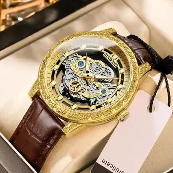 Уникальный дизайн, двусторонние полые часы, мужские часы, модные деловые водонепроницаемые кожаные кварцевые часы, золото коричневый/золотой