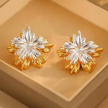 Уникальный дизайн, контрастные металлические цветочные серьги-гвоздики с двумя гвоздиками, простой темперамент, серьги в стиле ниши 18K